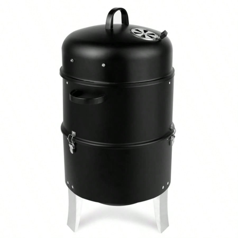 Vertical Steel Charcoal Smoker, Heavy Duty Double Layer Round BBQ Grill Outdoor Cooking, Black