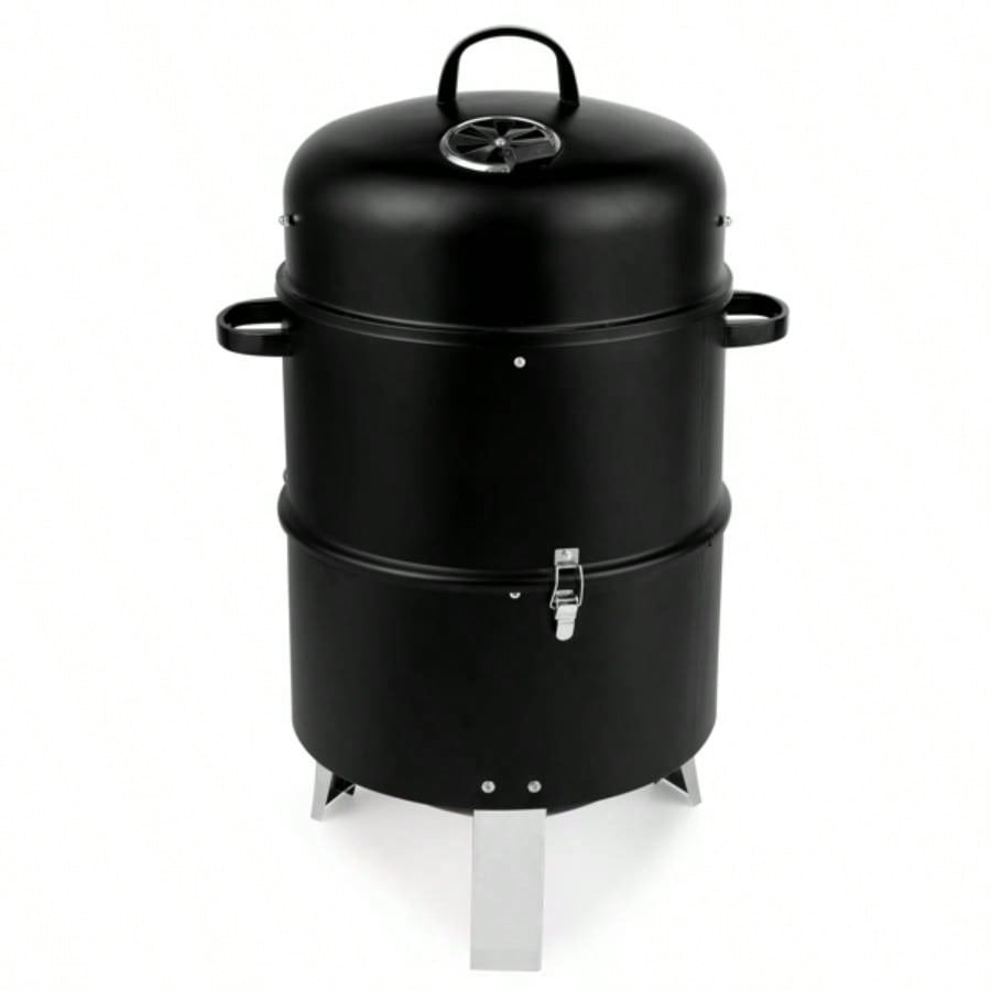 Vertical Steel Charcoal Smoker, Heavy Duty Double Layer Round BBQ Grill Outdoor Cooking, Black