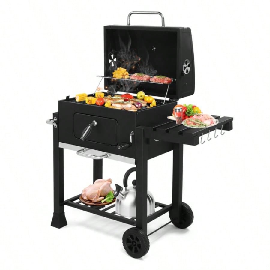 Charcoal Grill with Foldable Side Table and Wheels, Heavy - duty BBQ Grill Outdoor Picnics Patio Garden and Backyard Grilling