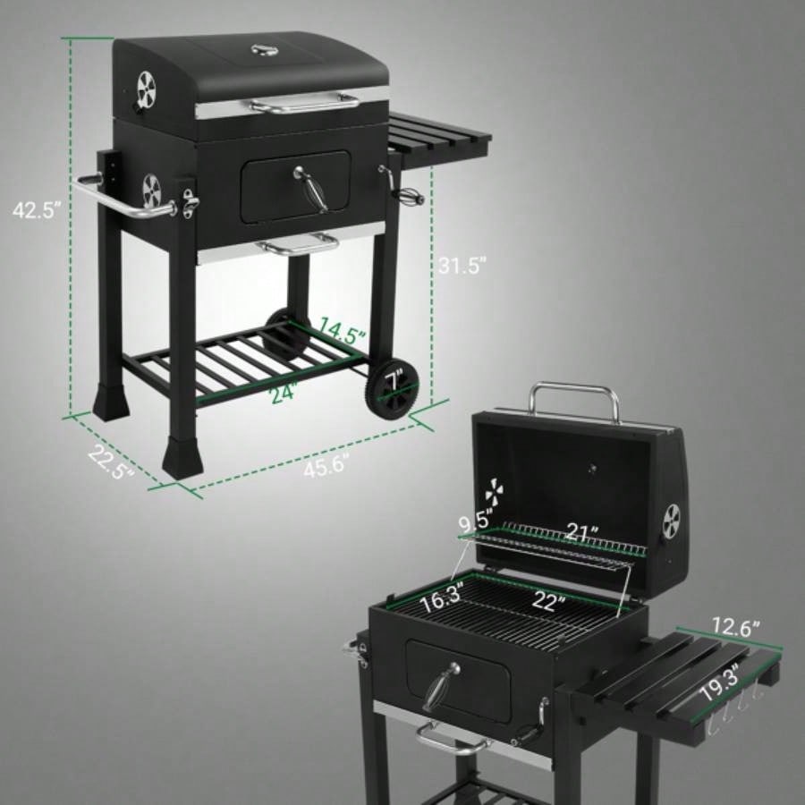 Charcoal Grill with Foldable Side Table and Wheels, Heavy - duty BBQ Grill Outdoor Picnics Patio Garden and Backyard Grilling