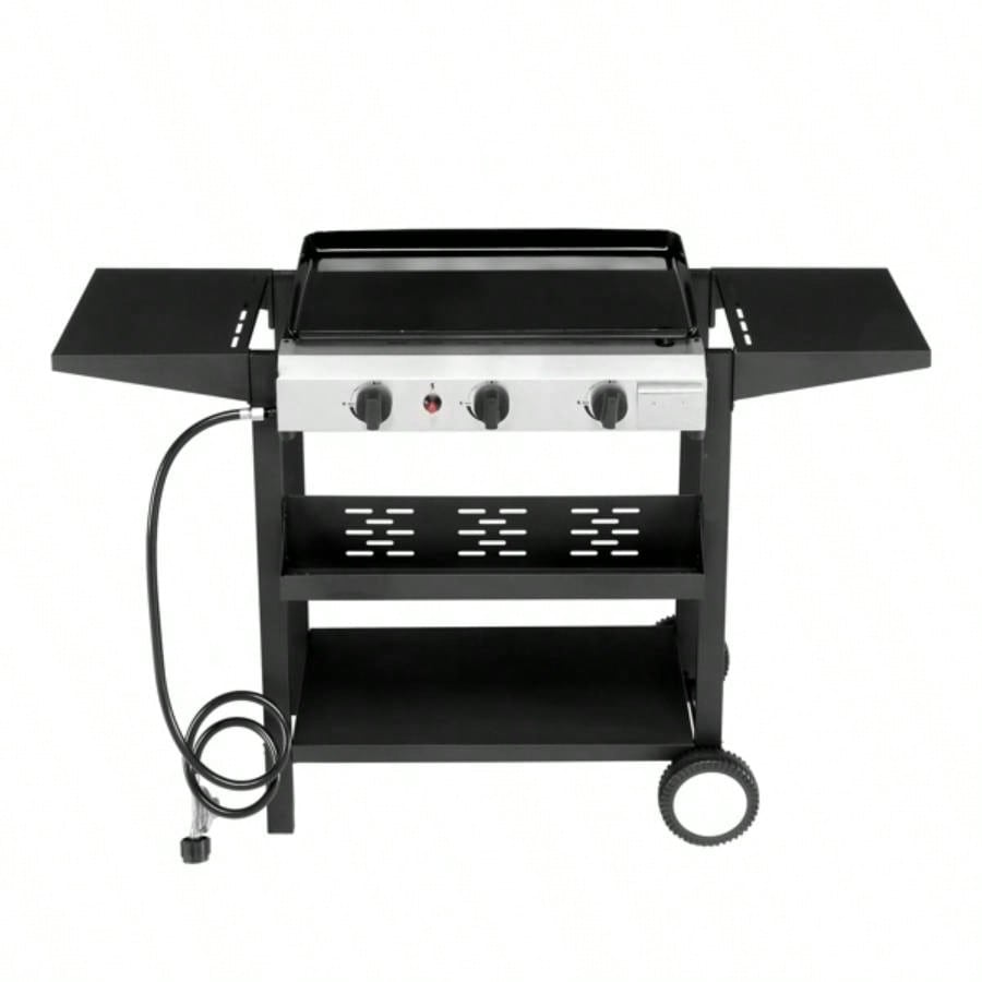3 - Flat Top Gas Griddle Cooking Station with Ceramic Coated Cast Iron Pan, 30, 000 BTU Propane Fuelled Griddle Station with Side Shelves Spice Rack Outdoor Barbecue Backyard Cookout