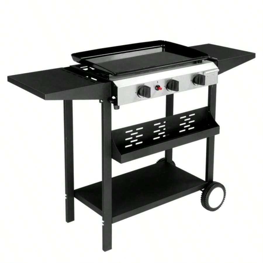 3 - Flat Top Gas Griddle Cooking Station with Ceramic Coated Cast Iron Pan, 30, 000 BTU Propane Fuelled Griddle Station with Side Shelves Spice Rack Outdoor Barbecue Backyard Cookout
