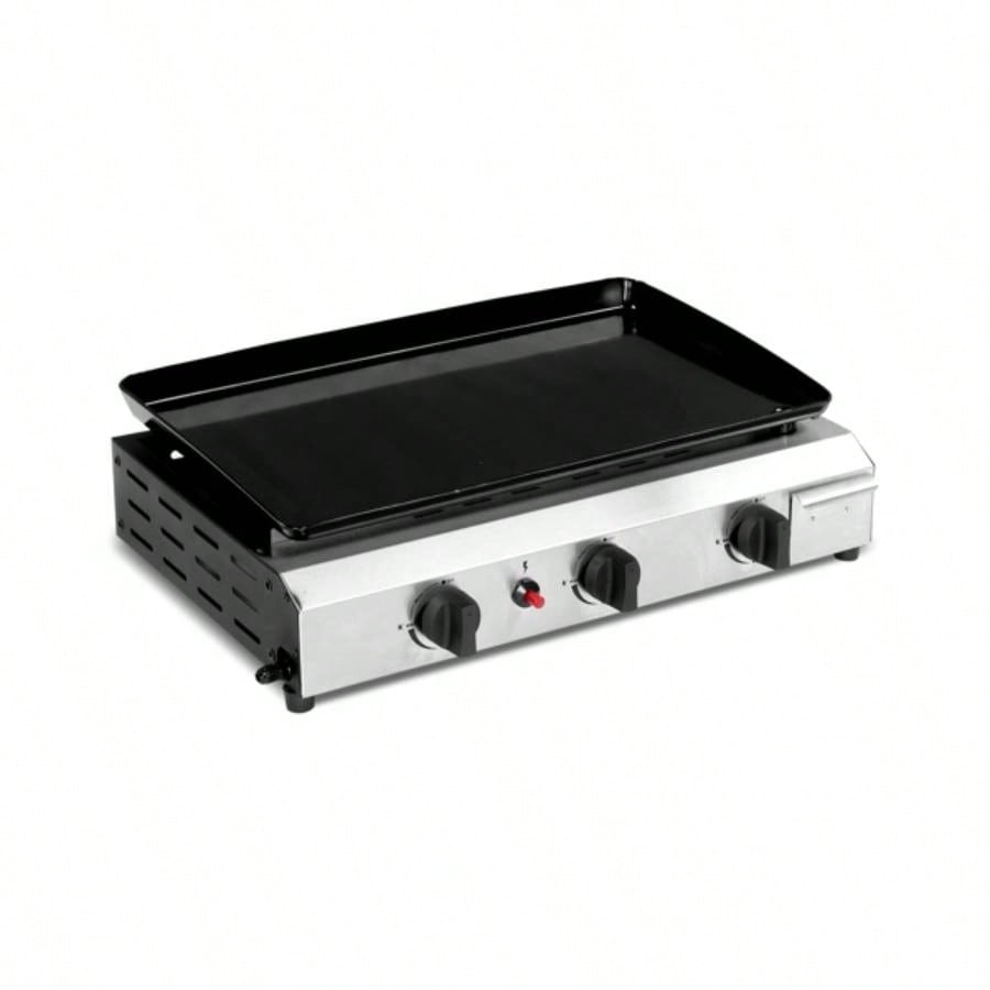 3 - Flat Top Gas Griddle Cooking Station with Ceramic Coated Cast Iron Pan, 30, 000 BTU Propane Fuelled Griddle Station with Side Shelves Spice Rack Outdoor Barbecue Backyard Cookout