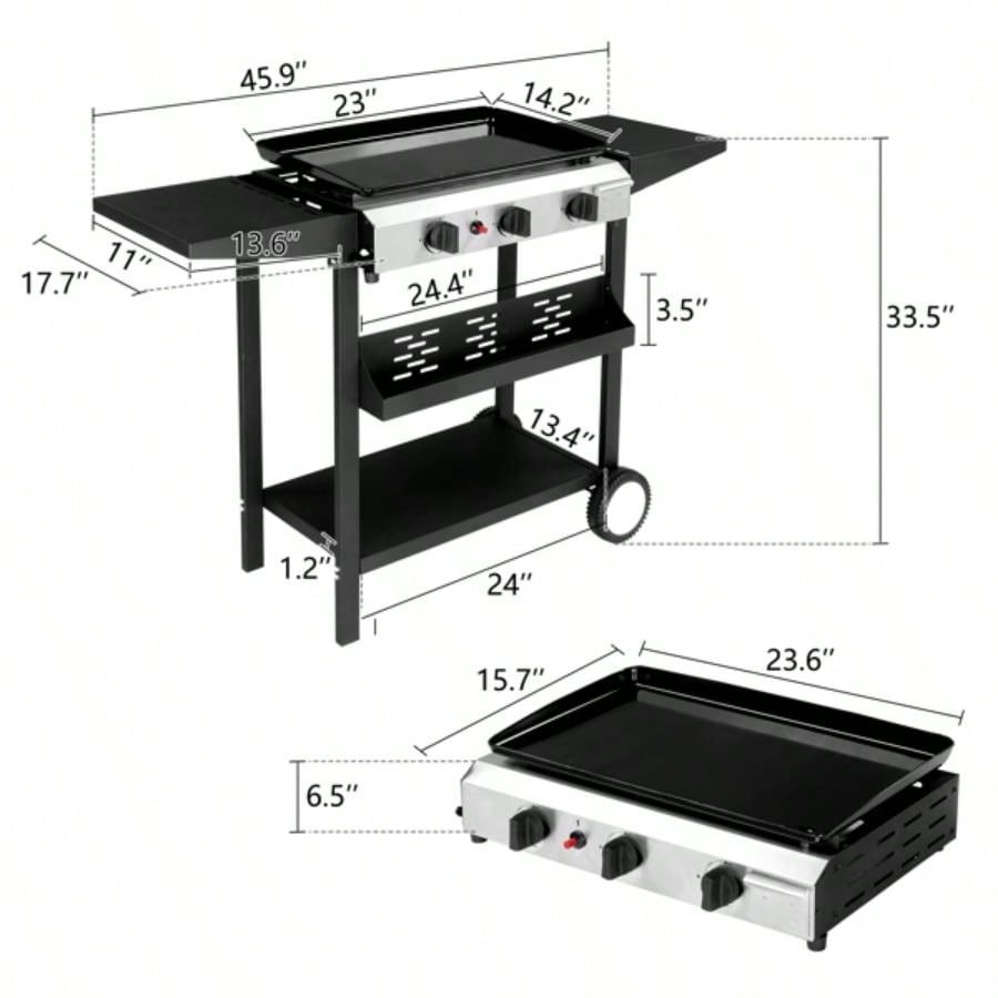 3 - Flat Top Gas Griddle Cooking Station with Ceramic Coated Cast Iron Pan, 30, 000 BTU Propane Fuelled Griddle Station with Side Shelves Spice Rack Outdoor Barbecue Backyard Cookout