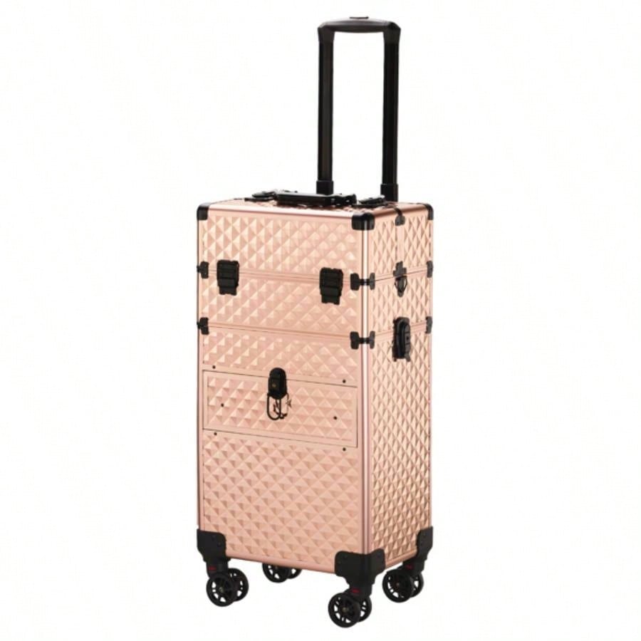 2 - in - 1 front drawer with slides, flat left drawer, removable universal wheels, aluminum, pattern, champagne gold, 34*24*72.5cm