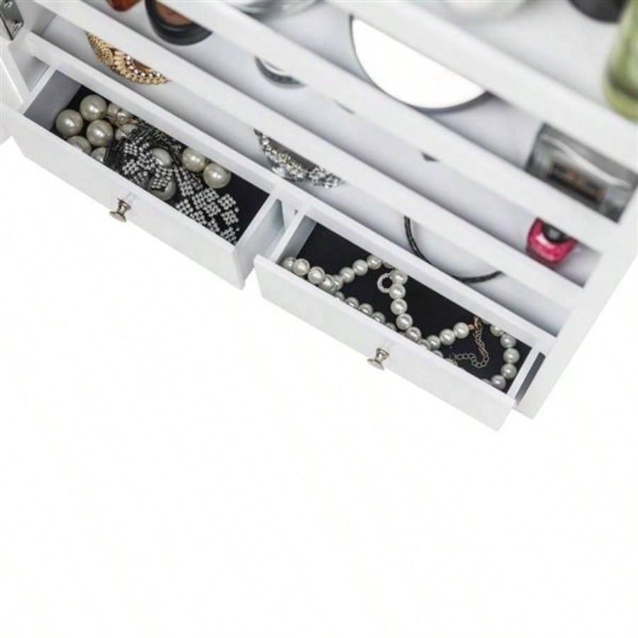 Full Mirror Wooden Wall Mounted 4 - Layer Shelf 2 Drawers With Inner Mirror 8 Blue LED Light Jewelry Storage Mirror Cabinet - White