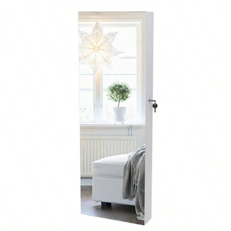 Full Mirror Wooden Wall Mounted 4 - Layer Shelf 2 Drawers With Inner Mirror 8 Blue LED Light Jewelry Storage Mirror Cabinet - White