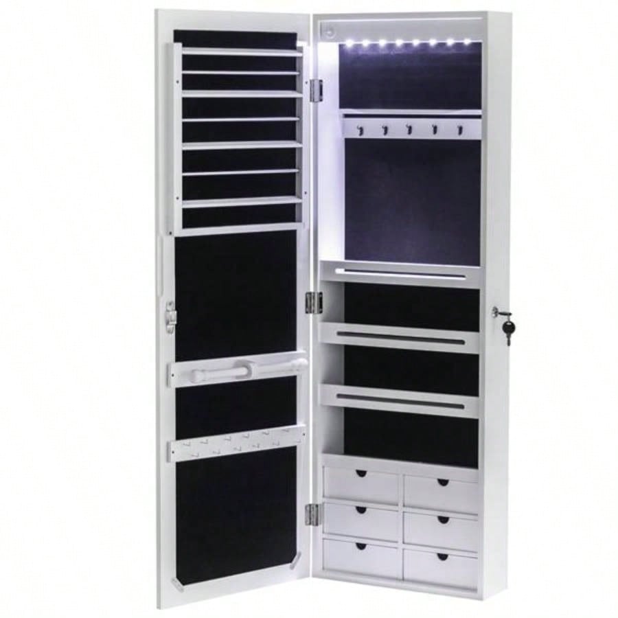 Non Full Mirror Wooden Wall Mounted 4 - Layer Shelf 6 Drawers 8 Blue LED Light Jewelry Storage Mirror Cabinet - White