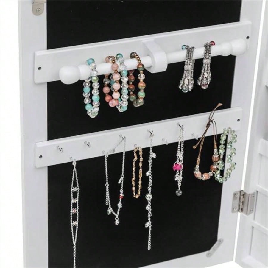 Non Full Mirror Wooden Wall Mounted 4 - Layer Shelf 6 Drawers 8 Blue LED Light Jewelry Storage Mirror Cabinet - White