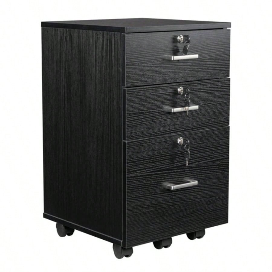 FCH Black Wood Grain Density Board Three Drawers Wooden Filing Cabinet