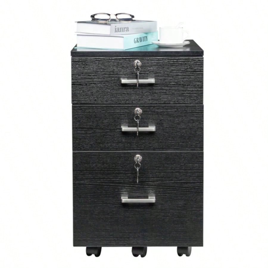 FCH Black Wood Grain Density Board Three Drawers Wooden Filing Cabinet