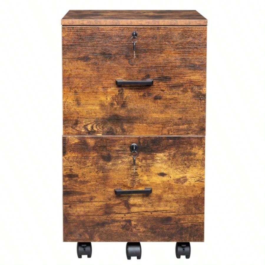 2 - Drawer Rolling Wood File Cabinet with Lock, Brown Black