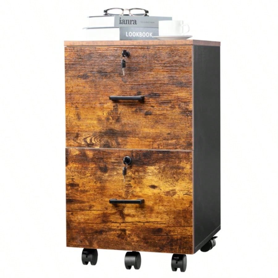 2 - Drawer Rolling Wood File Cabinet with Lock, Brown Black