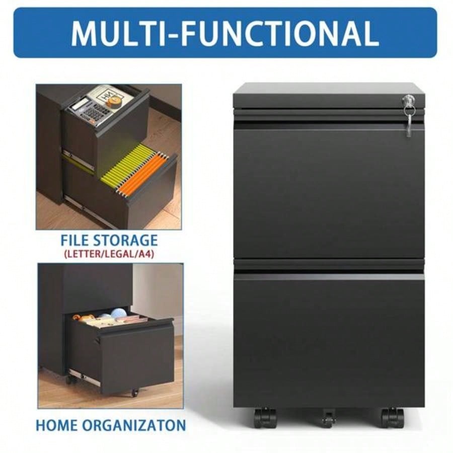 2 Drawer Metal Mobile File Cabinet, Rolling File Cabinet with Lock Hanging Legal/Letter/A4 Size, Fully Assembled Except Wheels