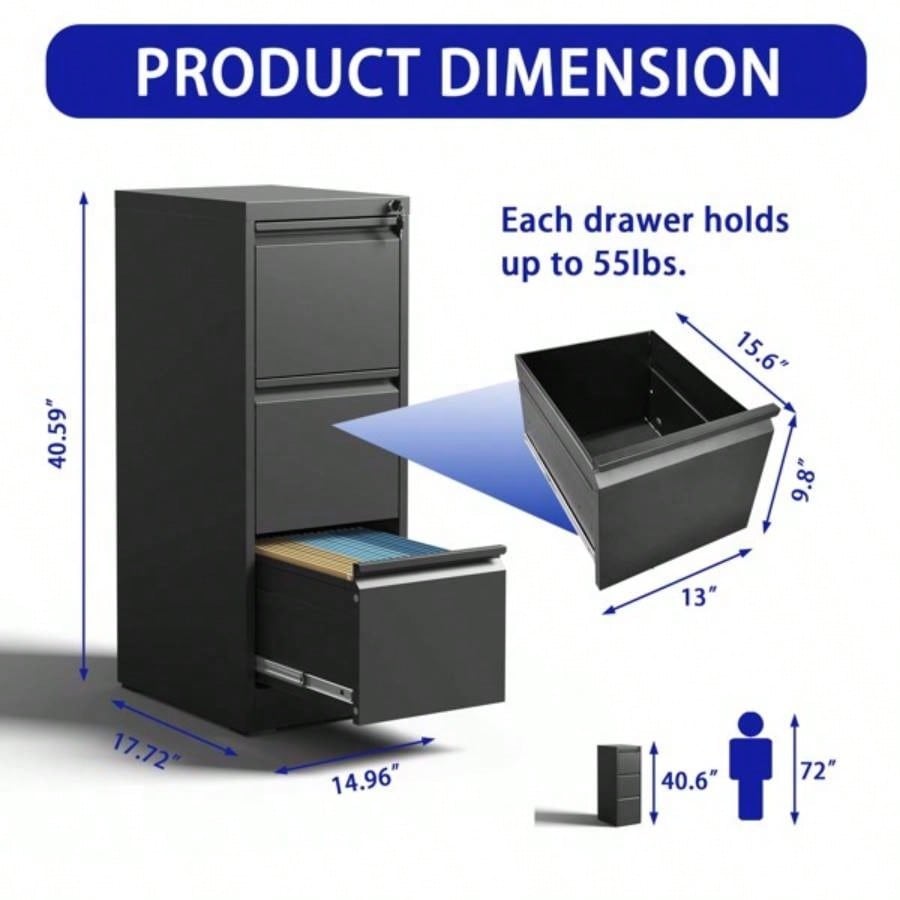 3 Drawer Metal Vertical File Cabinet with Lock Office Home Steel Vertical File Cabinet A4 Legal/Letter Size