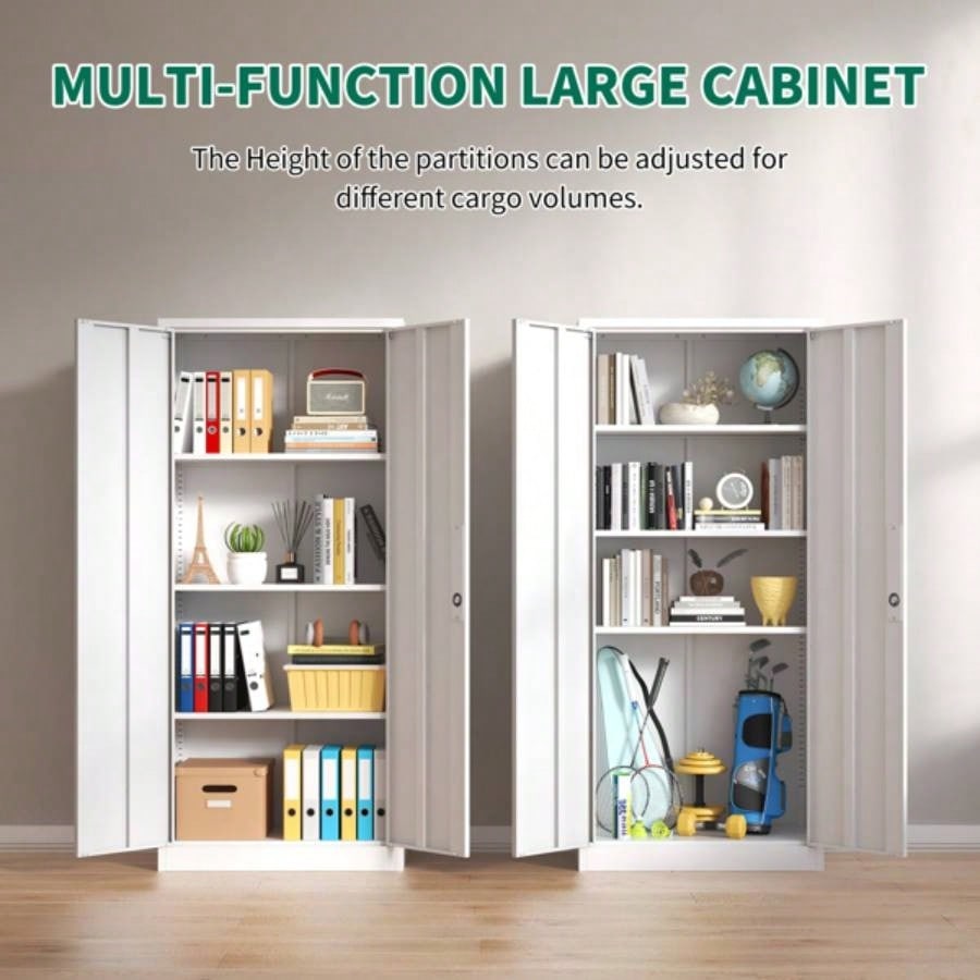 71H Metal Garage Storage Cabinet, White Steel Locking Cabinet with Doors and 3 Adjustable Shelves, Tall Cabinets Garage Storage Systems Lockable File Cabinet Home Office, Classroom, Pantry