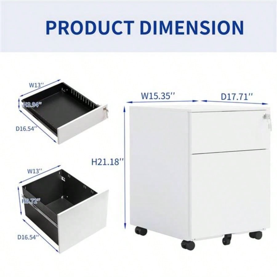 2 Drawer Mobile File Cabinet with Lock Steel File Cabinet Legal/Letter/A4/F4 Size, Fully Assembled except Wheels, Home/ Office Design, White