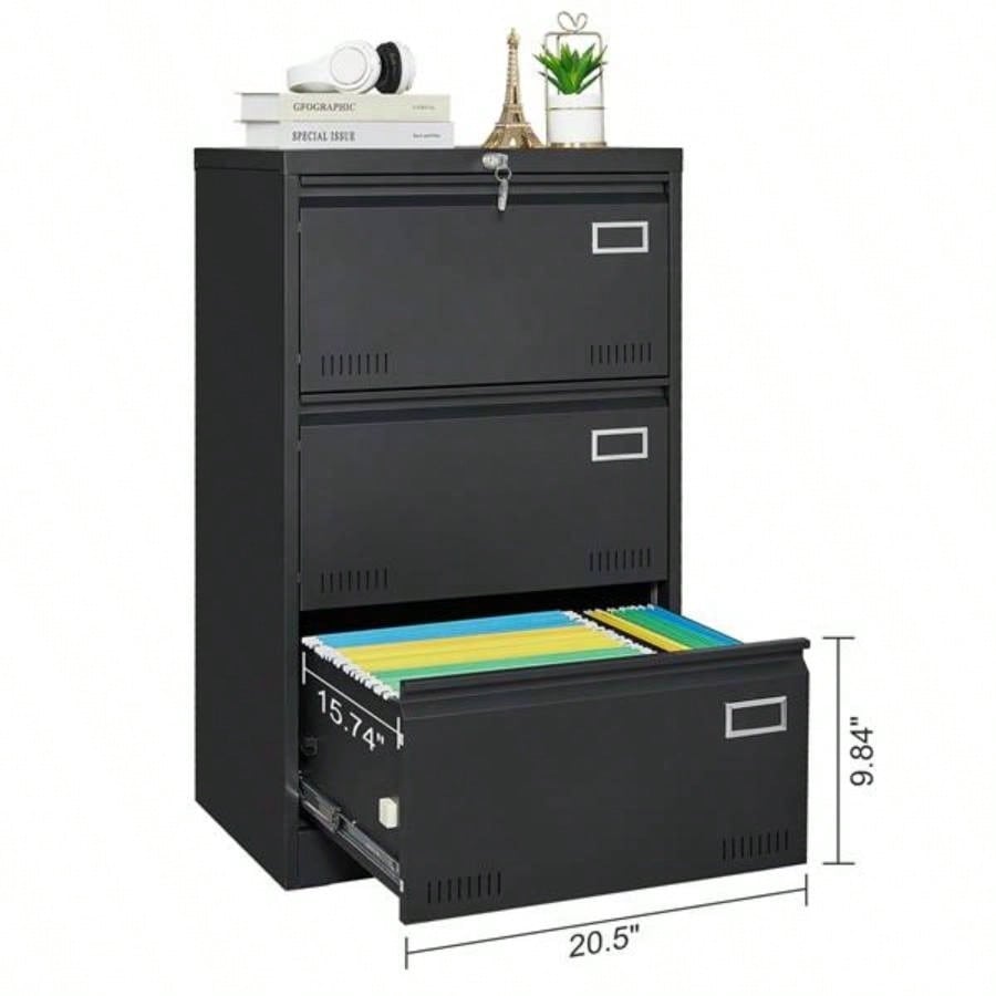 Filing Cabinet Lateral File Cabinet 3 Drawer, Blcak Locking Metal File Cabinets Three Drawer, Office Filing Cabinet with Lock Drawers Home Office/Legal/Letter/A4/F4