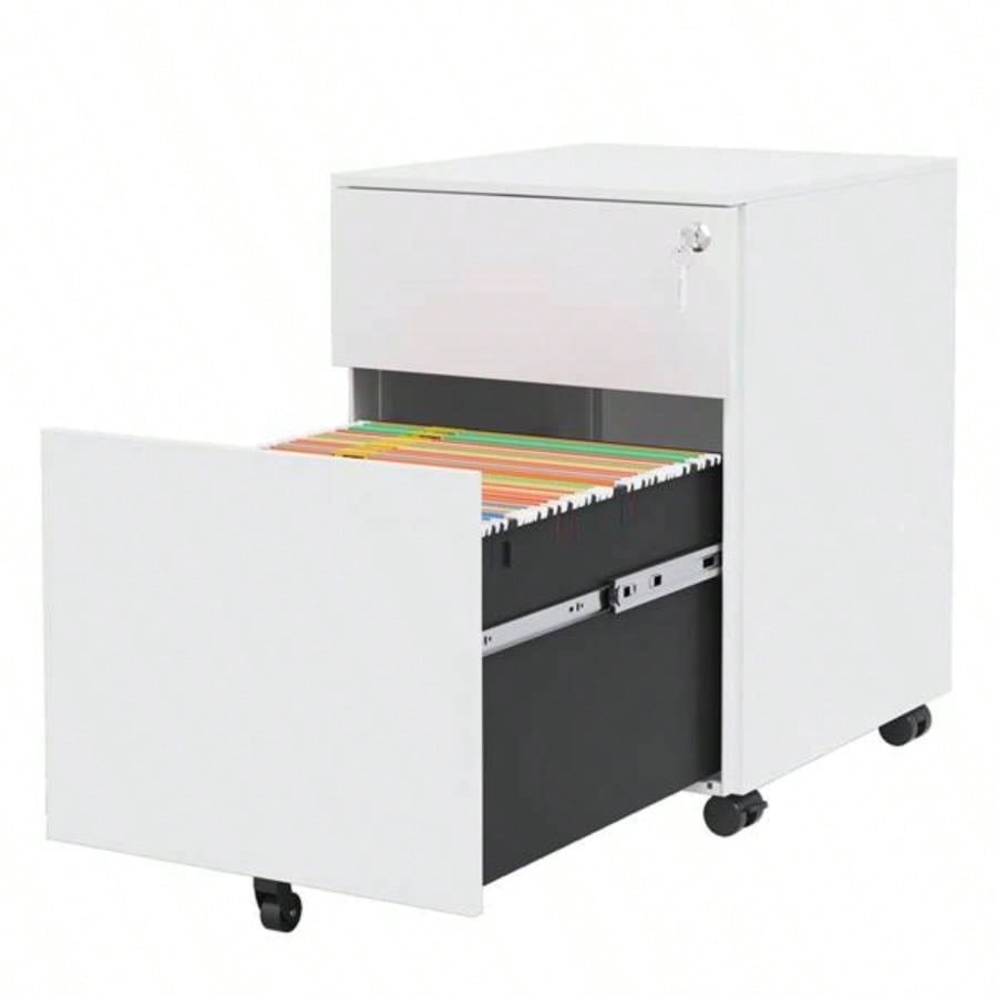 2 Drawer Mobile File Cabinet with Lock Steel File Cabinet Legal/Letter/A4/F4 Size, Fully Assembled except Wheels, Home/ Office Design, White
