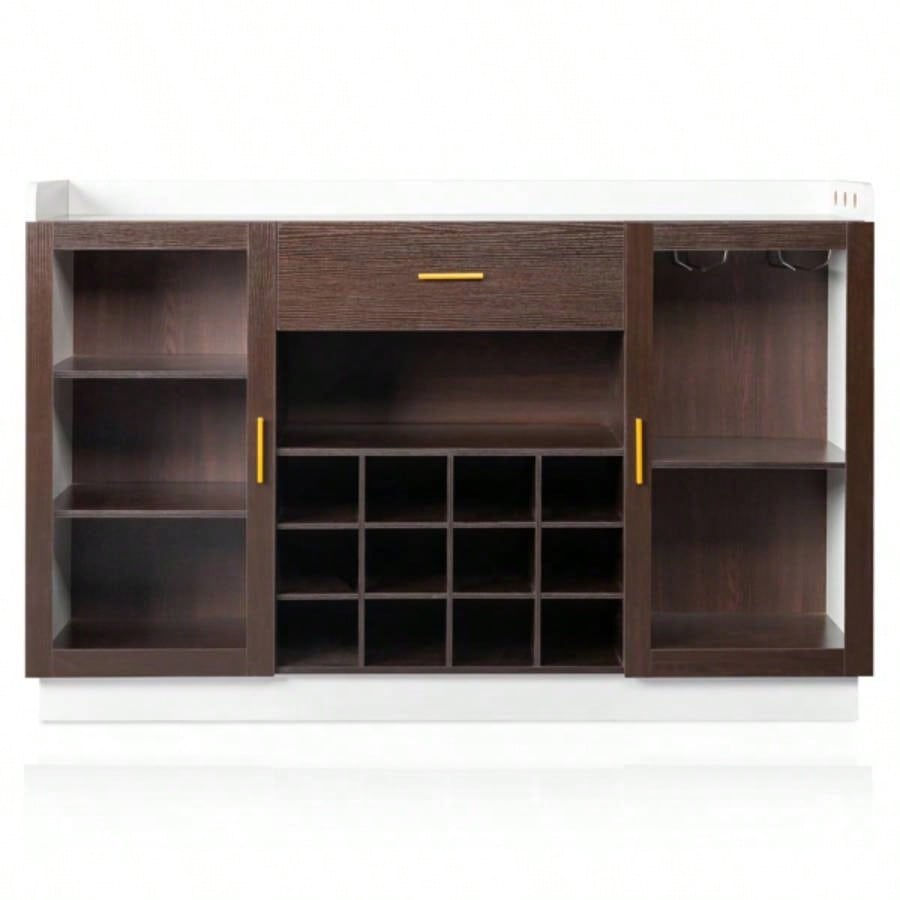 Double Glass Door with Single Drawer and 12 - Bottle Wine Rack Sideboard in Black Frame+ White - Brown Interior Panels - Particle Board and Glass