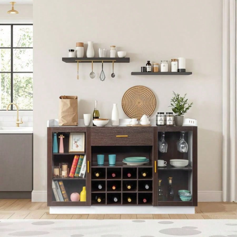 Double Glass Door with Single Drawer and 12 - Bottle Wine Rack Sideboard in Black Frame+ White - Brown Interior Panels - Particle Board and Glass