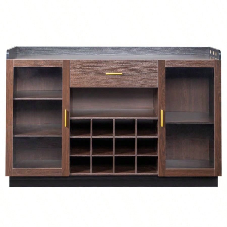 Double Glass Door with Single Drawer and 12 - Bottle Wine Rack Sideboard in Black Frame+ Gray - Brown Interior Panels - Particle Board and Glass