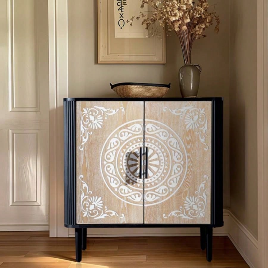 Pattern Carving, High Feet, Oval Tabletop, Curved Side Frame, Door Panel MDF Spray Paint, Cabinet Body Melamine Board Polished, Sideboard 80*39.5*80cm