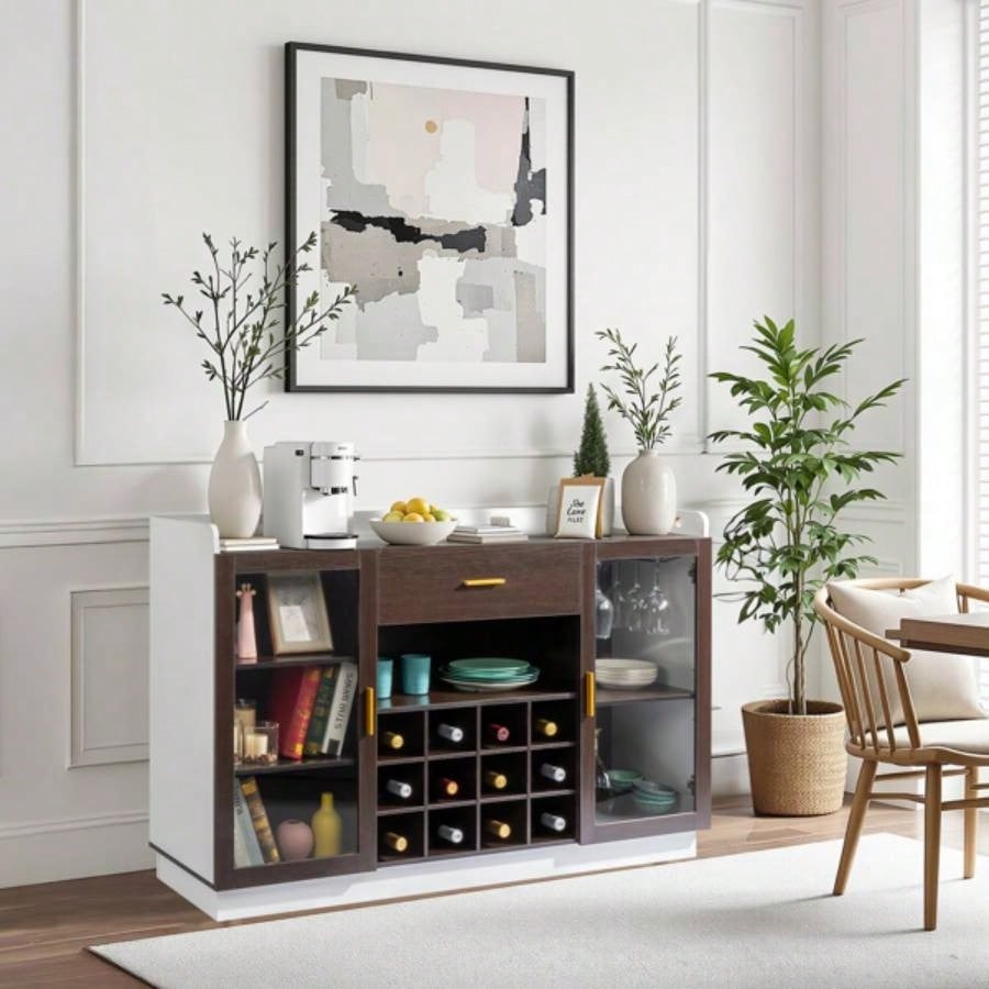 Double Glass Door with Single Drawer and 12 - Bottle Wine Rack Sideboard in Black Frame+ White - Brown Interior Panels - Particle Board and Glass