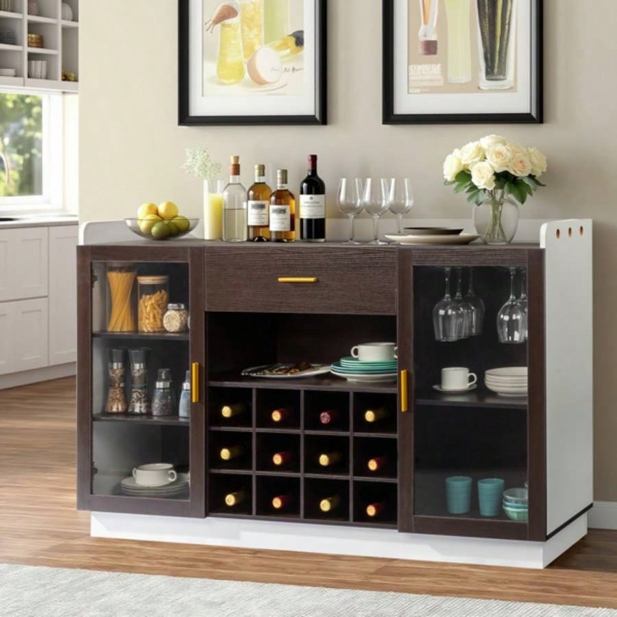 Double Glass Door with Single Drawer and 12 - Bottle Wine Rack Sideboard in Black Frame+ White - Brown Interior Panels - Particle Board and Glass