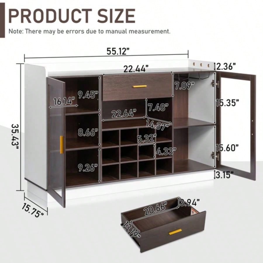 Double Glass Door with Single Drawer and 12 - Bottle Wine Rack Sideboard in Black Frame+ White - Brown Interior Panels - Particle Board and Glass