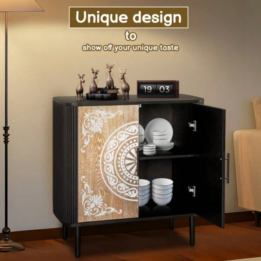 Pattern Carving, High Feet, Oval Tabletop, Curved Side Frame, Door Panel MDF Spray Paint, Cabinet Body Melamine Board Polished, Sideboard 80*39.5*80cm