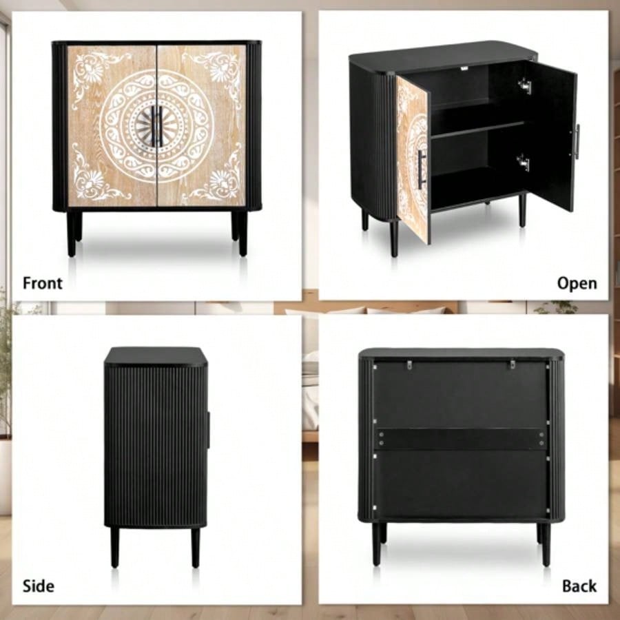 Pattern Carving, High Feet, Oval Tabletop, Curved Side Frame, Door Panel MDF Spray Paint, Cabinet Body Melamine Board Polished, Sideboard 80*39.5*80cm