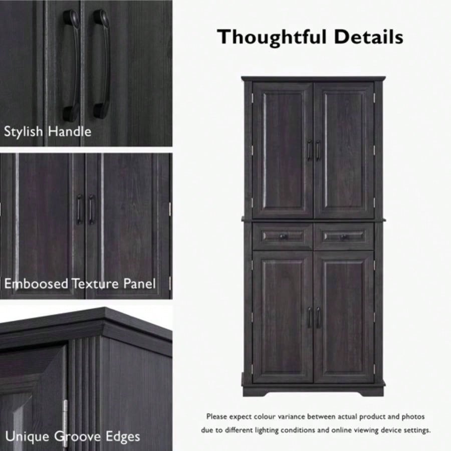 71 Tall Kitchen Pantry Cabinet with 3 Pull Out Cabinet Organizers, Farmhouse Embossed Texture Storage Cabinet with 6 Door Shelves, 2 Drawers, Freestanding Cupboard Kitchen, Dining Room Black