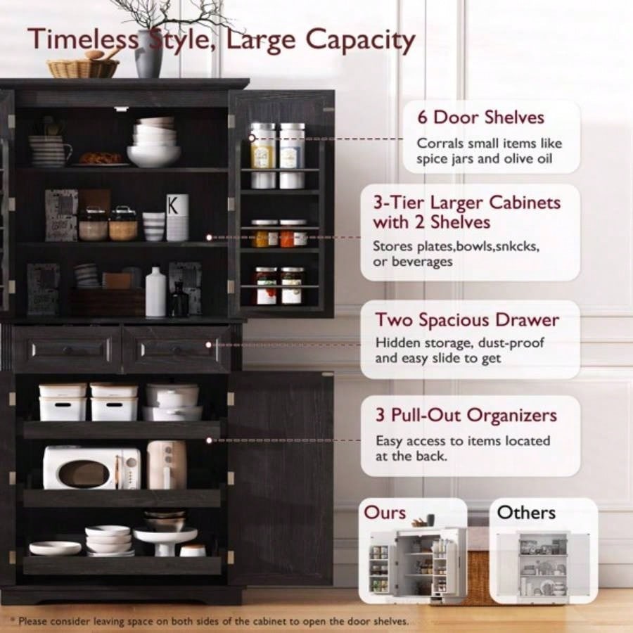 71 Tall Kitchen Pantry Cabinet with 3 Pull Out Cabinet Organizers, Farmhouse Embossed Texture Storage Cabinet with 6 Door Shelves, 2 Drawers, Freestanding Cupboard Kitchen, Dining Room Black