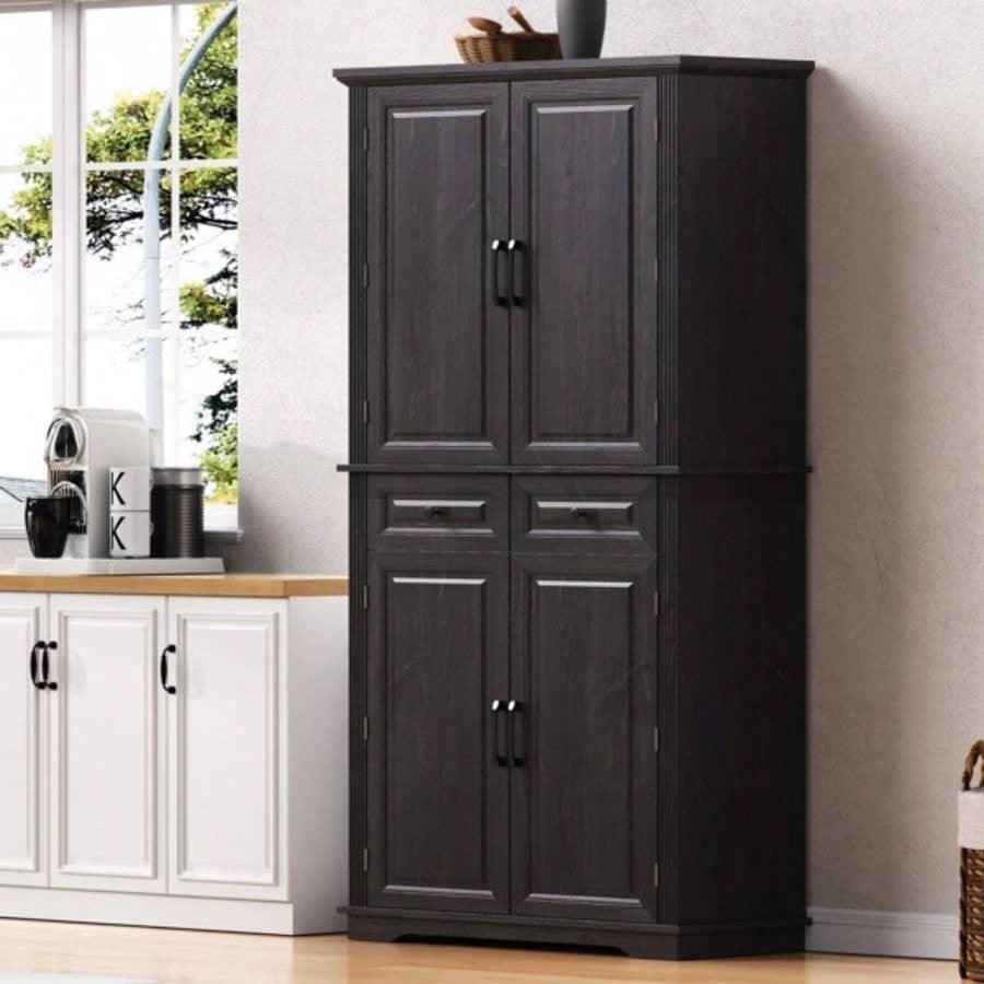 71 Tall Kitchen Pantry Cabinet with 3 Pull Out Cabinet Organizers, Farmhouse Embossed Texture Storage Cabinet with 6 Door Shelves, 2 Drawers, Freestanding Cupboard Kitchen, Dining Room Black