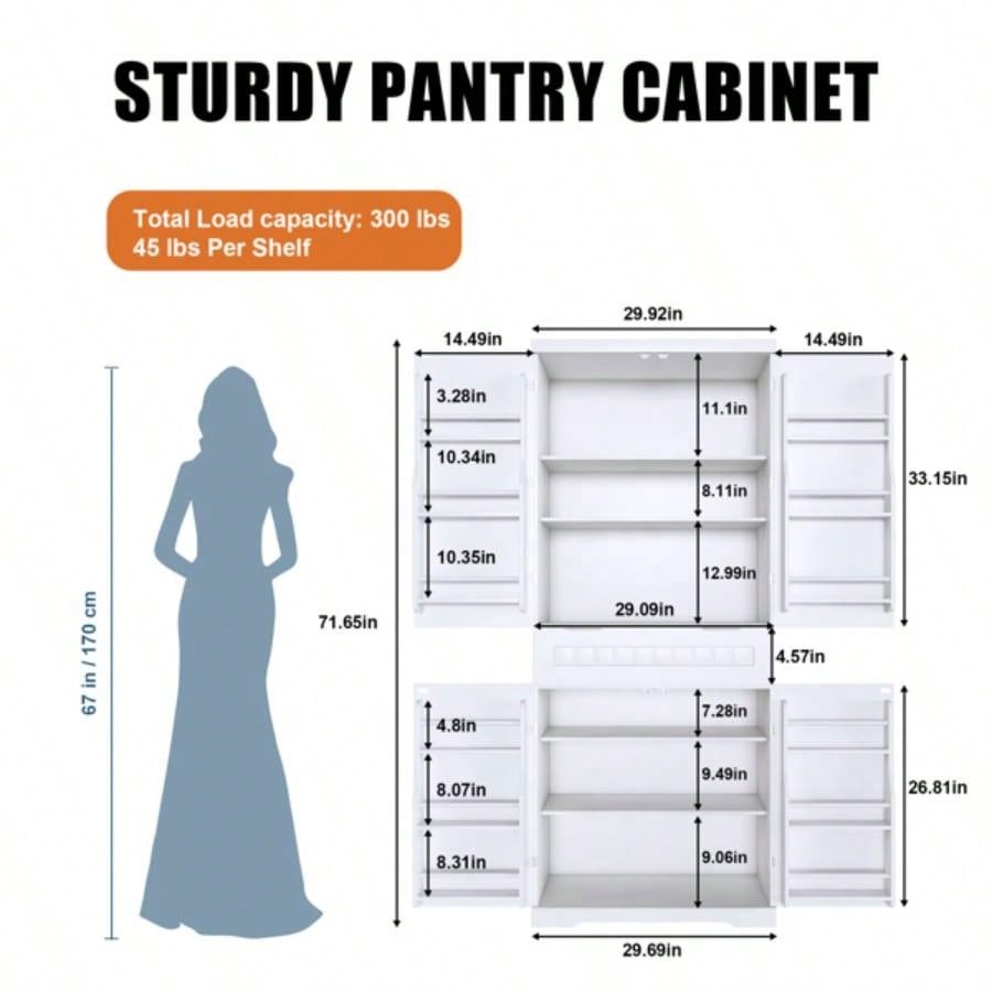 Pantry Cabinet, 71.65 Tall Storage Cabinet with Drawer, 2 Cabinets 6 Door Shelves, Adjustable Shelves, Freestanding Cupboard Kitchen, Living Room, Bathroom, Farmhouse Style, White