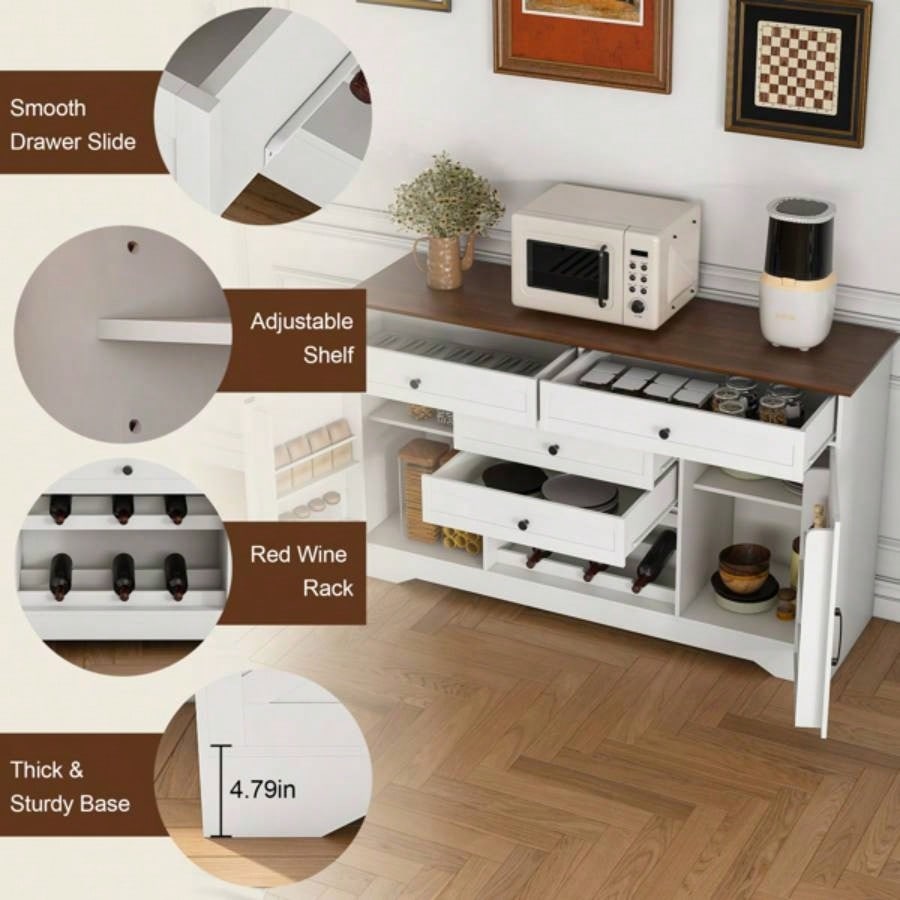 54 Farmhouse Buffet Sideboard with Storage Cabinet Adjustable Shelf - Wood Top Dining Table with Drawer, Kitchen Storage Cabinet Dining Room, Living Room, White