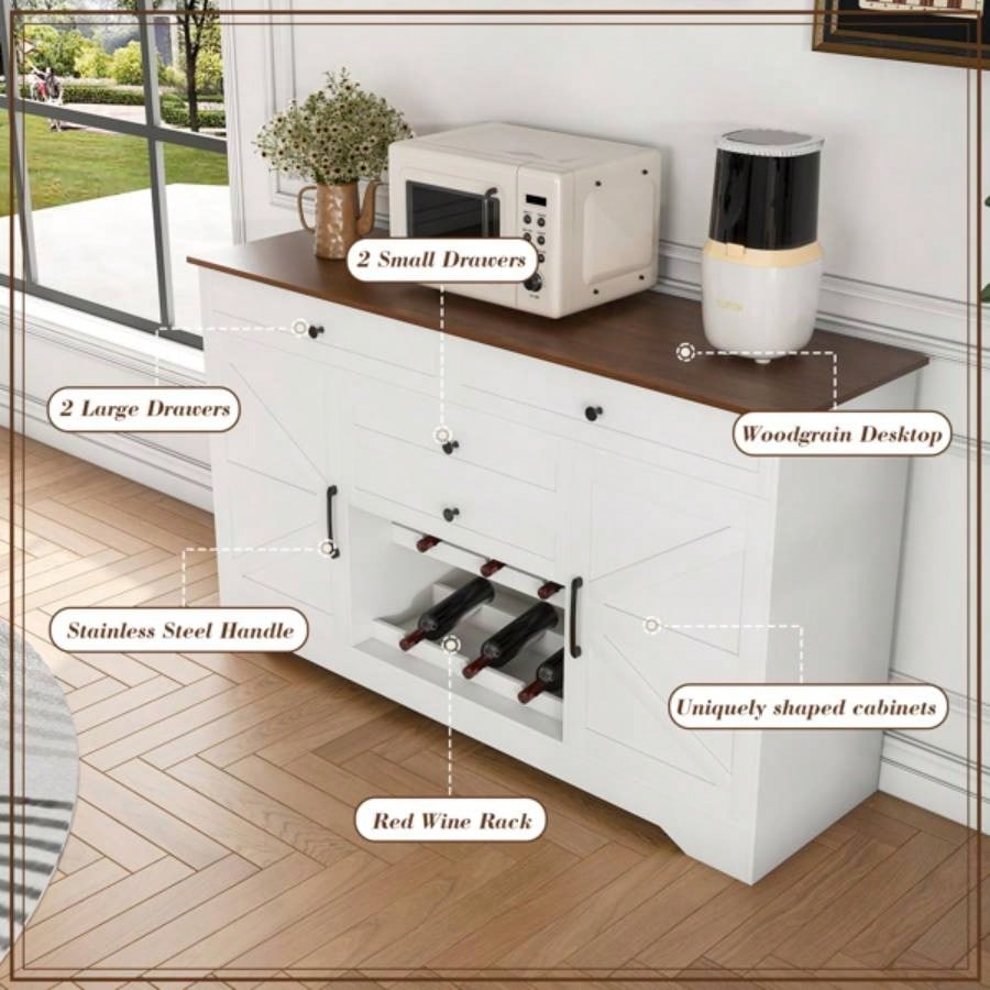 54 Farmhouse Buffet Sideboard with Storage Cabinet Adjustable Shelf - Wood Top Dining Table with Drawer, Kitchen Storage Cabinet Dining Room, Living Room, White