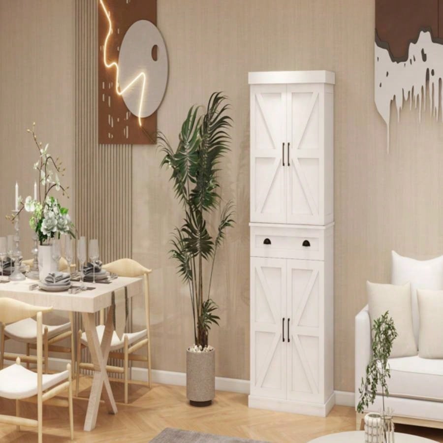 71 Kitchen Pantry Storage Cabinet with 4 Doors2Doors with Racks1 Drawer, 2 Adjustable Shelves, Freestanding Cupboard Kitchen, Dining Room and Living Room - White