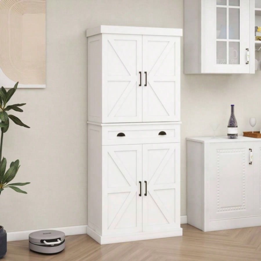 71 Kitchen Pantry Storage Cabinet with 4 Doors2Doors with Racks1 Drawer, 2 Adjustable Shelves, Freestanding Cupboard Kitchen, Dining Room and Living Room - White