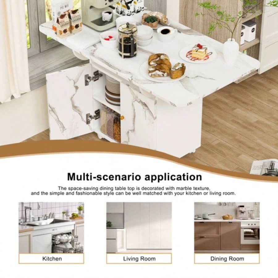 47 Wood Folding Dining Table with storage rack and cabinet, Removable Entryway Table with 6 Wheels, White Marble Color Kitchen Island, Side Table and Coffee Table Versatile Table Space Saving