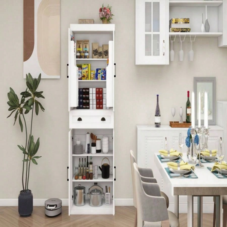 71 Kitchen Pantry Storage Cabinet with 4 Doors2Doors with Racks1 Drawer, 2 Adjustable Shelves, Freestanding Cupboard Kitchen, Dining Room and Living Room - White
