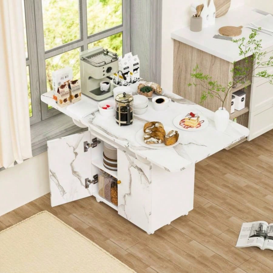 47 Wood Folding Dining Table with storage rack and cabinet, Removable Entryway Table with 6 Wheels, White Marble Color Kitchen Island, Side Table and Coffee Table Versatile Table Space Saving