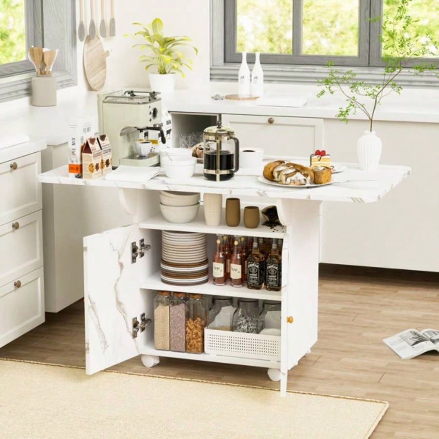 47 Wood Folding Dining Table with storage rack and cabinet, Removable Entryway Table with 6 Wheels, White Marble Color Kitchen Island, Side Table and Coffee Table Versatile Table Space Saving