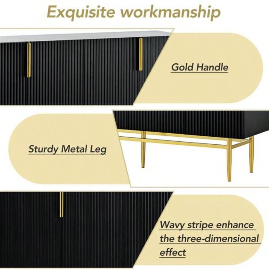 Modern Elegant 4 - door Sideboard Gold Metal Handle Buffet Cabinet Dining Room, Living Room, Bedroom, Hallway Black