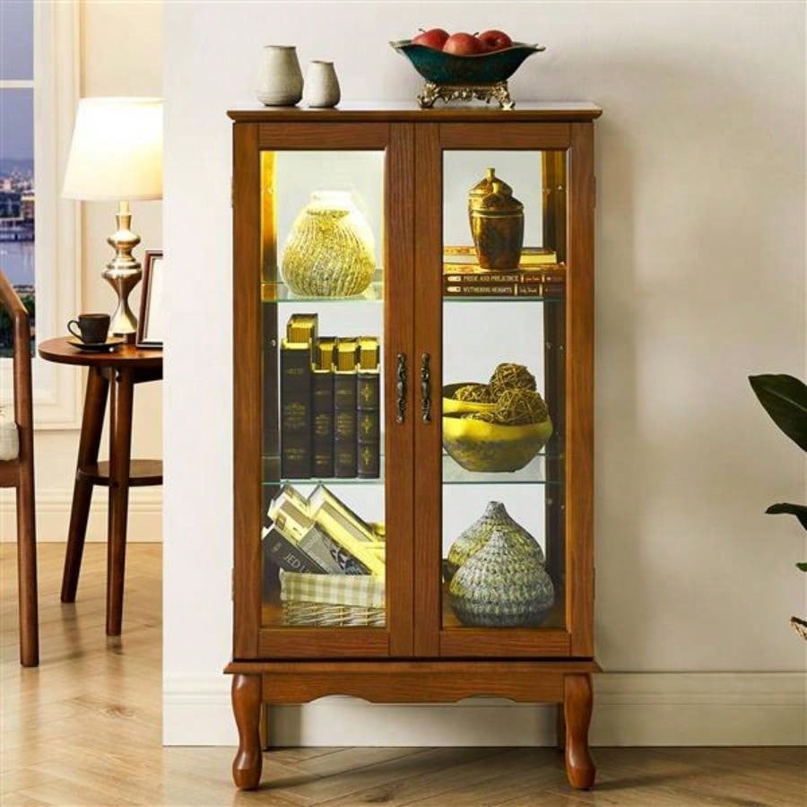 Curio Cabinet Lighted Curio Diapaly Cabinet with Adjustable Shelves and Mirrored Back Panel, Tempered Glass Doors Oak, 3 Tier, E26 light bulb not included