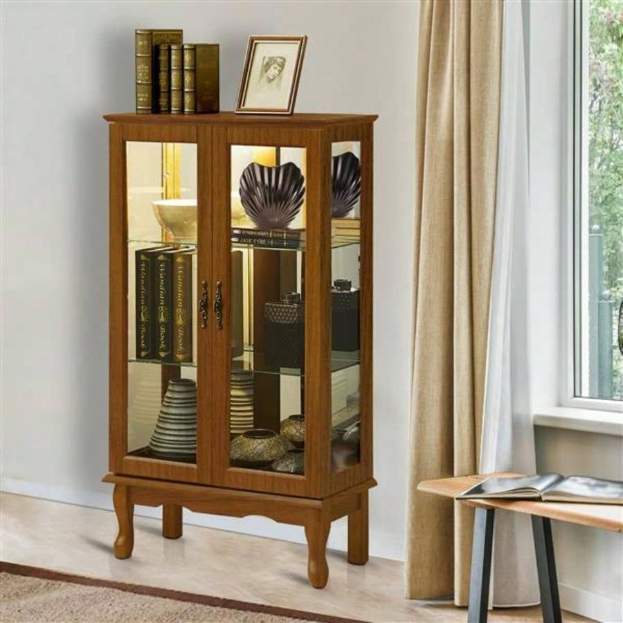 Curio Cabinet Lighted Curio Diapaly Cabinet with Adjustable Shelves and Mirrored Back Panel, Tempered Glass Doors Oak, 3 Tier, E26 light bulb not included