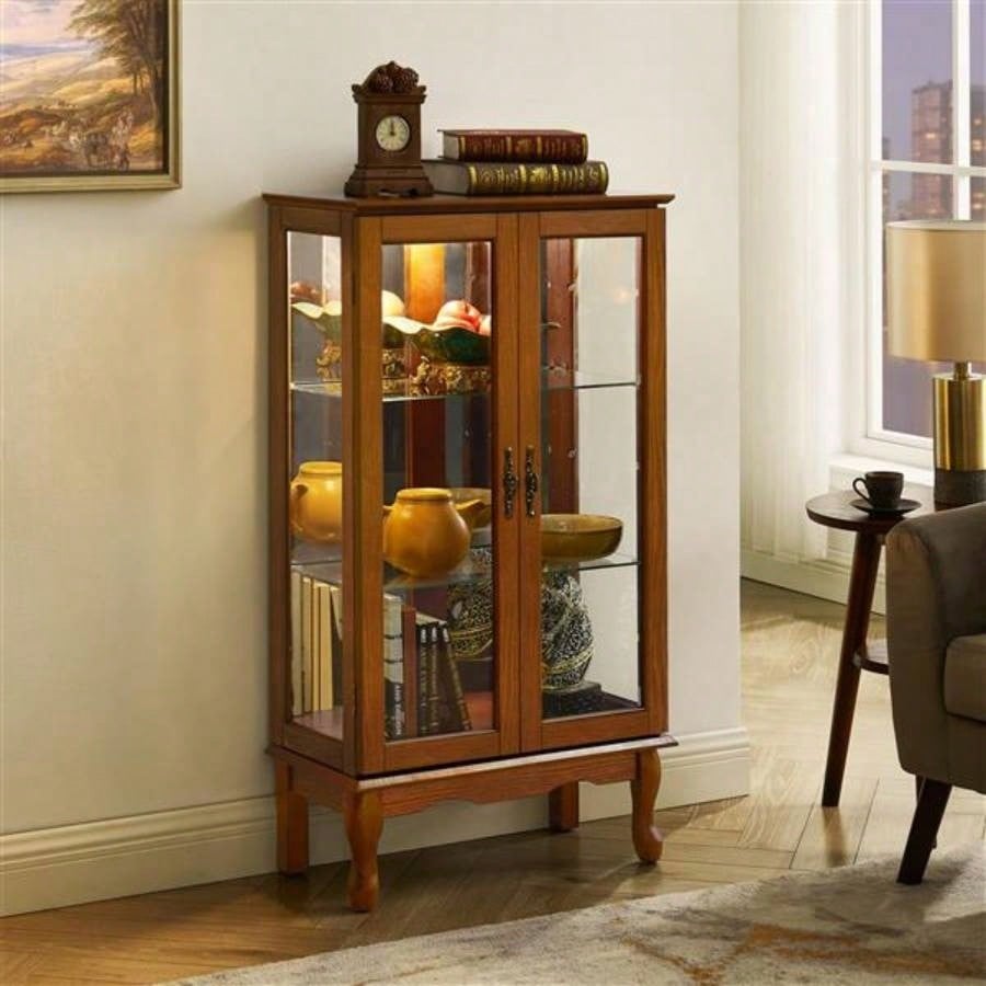 Curio Cabinet Lighted Curio Diapaly Cabinet with Adjustable Shelves and Mirrored Back Panel, Tempered Glass Doors Oak, 3 Tier, E26 light bulb not included