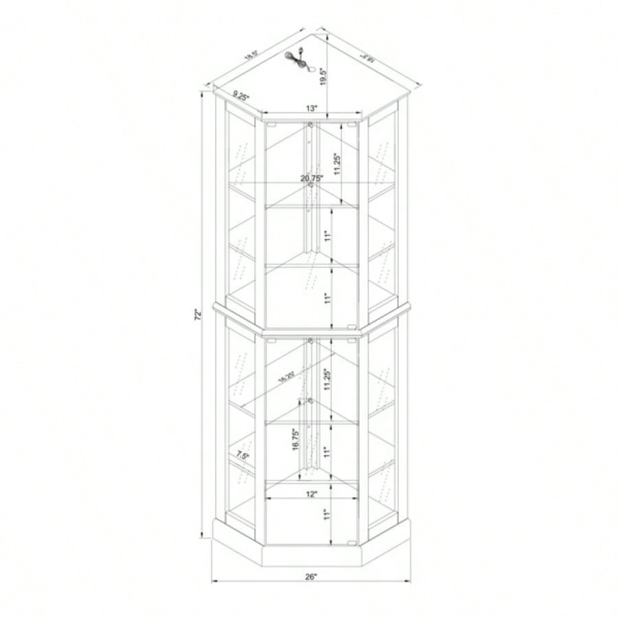 6 Shelf Corner Curio Display Cabinet with Lights, Mirrors and Adjustable Shelves, OakE26 light bulb not included
