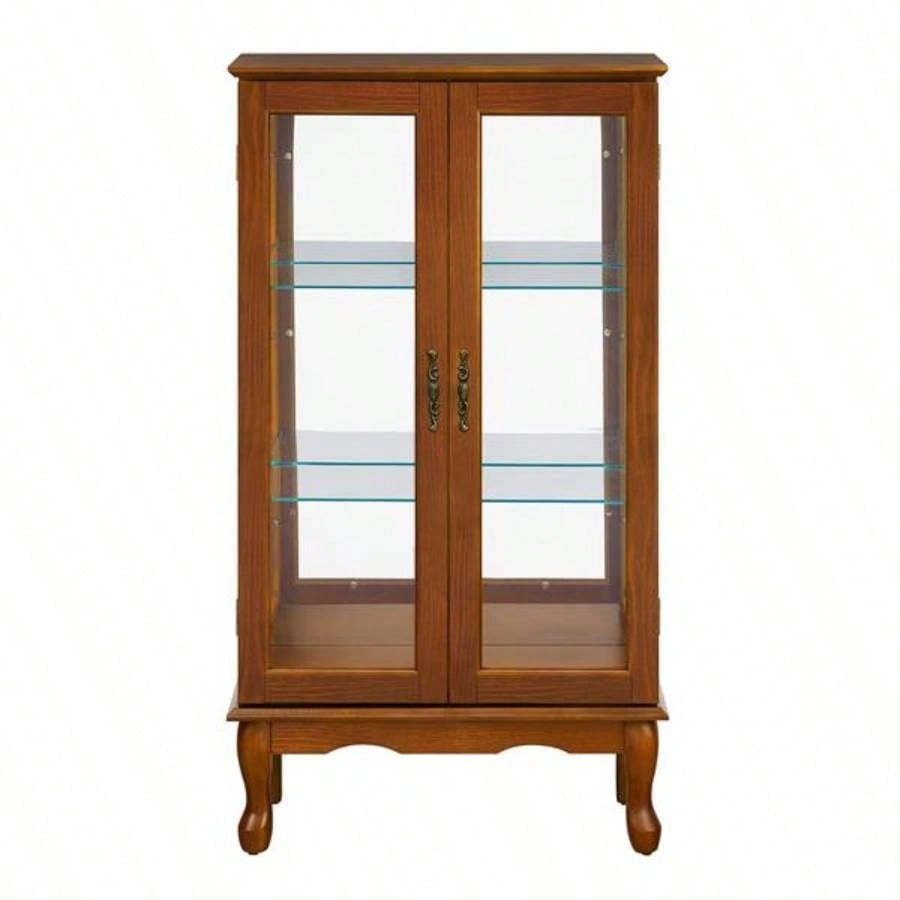 Curio Cabinet Lighted Curio Diapaly Cabinet with Adjustable Shelves and Mirrored Back Panel, Tempered Glass Doors Oak, 3 Tier, E26 light bulb not included